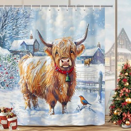 Highland Cow Christmas Shower Curtain, Winter Funny Cute Cow Rustic Farmhouse Snow Scene Shower Curtains for Bathroom, Xmas Holiday Bathtubs Decor Bathroom Accessories with Hooks 69X70in