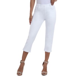 MoFiz Women's Capri Pants for Summer - White Pull-On Stretch Straight Leg, Golf Yoga & Business Casual Dressy Work Office Cropped Pants with Pockets L