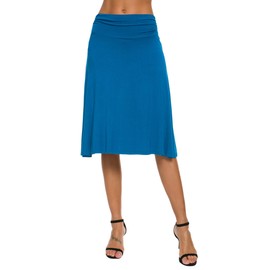 EXCHIC Women's Solid Stretch Ruched Waistband Flared Midi Yoga Skirt (L, Steel Blue)