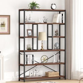 LVB 6 Tier Tall Bookshelf, Wood Metal Bookcases and Book Shelves 6 Shelf, Industrial Large Wide Etagere Book Shelf for Living Room, Vintage Rustic Big Open Bookcase Storage for Bedroom Office, Walnut