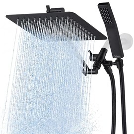 G-Promise Combo de cabezal de ducha cuadrado doble totalmente metálico de 10" | Cabezal de ducha de lluvia | Varita de ducha de mano | Ajustable | Des