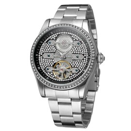 Forsining Men Automatic Mechanical Watch Rhinestone Decoration Dial Wristwatch (Black   Silver)