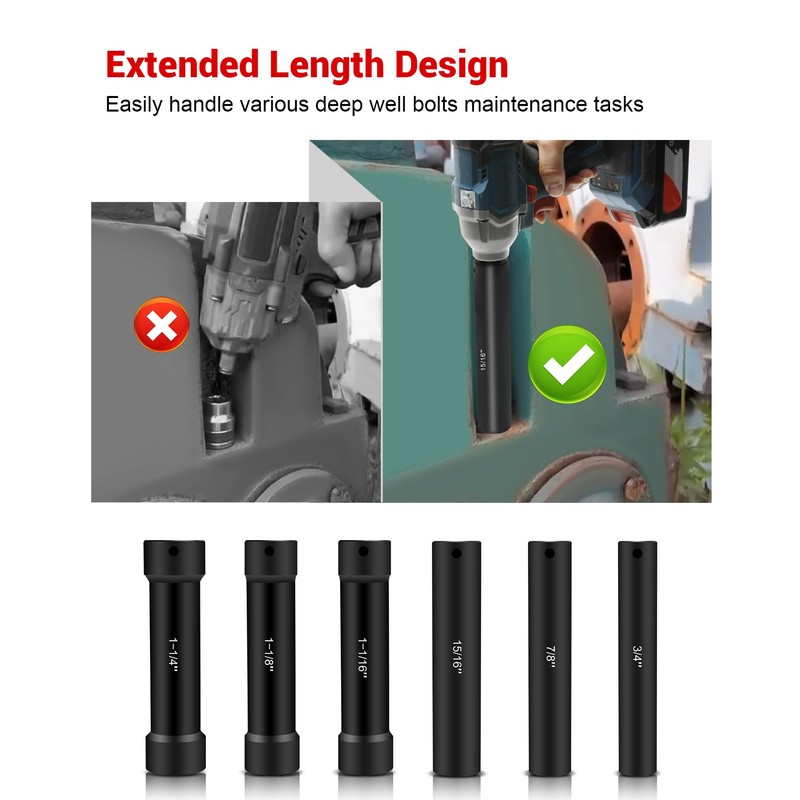 1/2 Inch Drive Extended Length Impact Socket Set, 6 Sizes