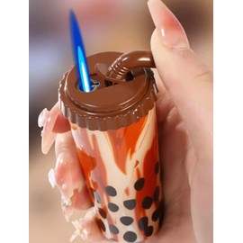 New Fun Novelty Lighter Milk Bubble Tea Shape Cup Refillable Cute (Brown)