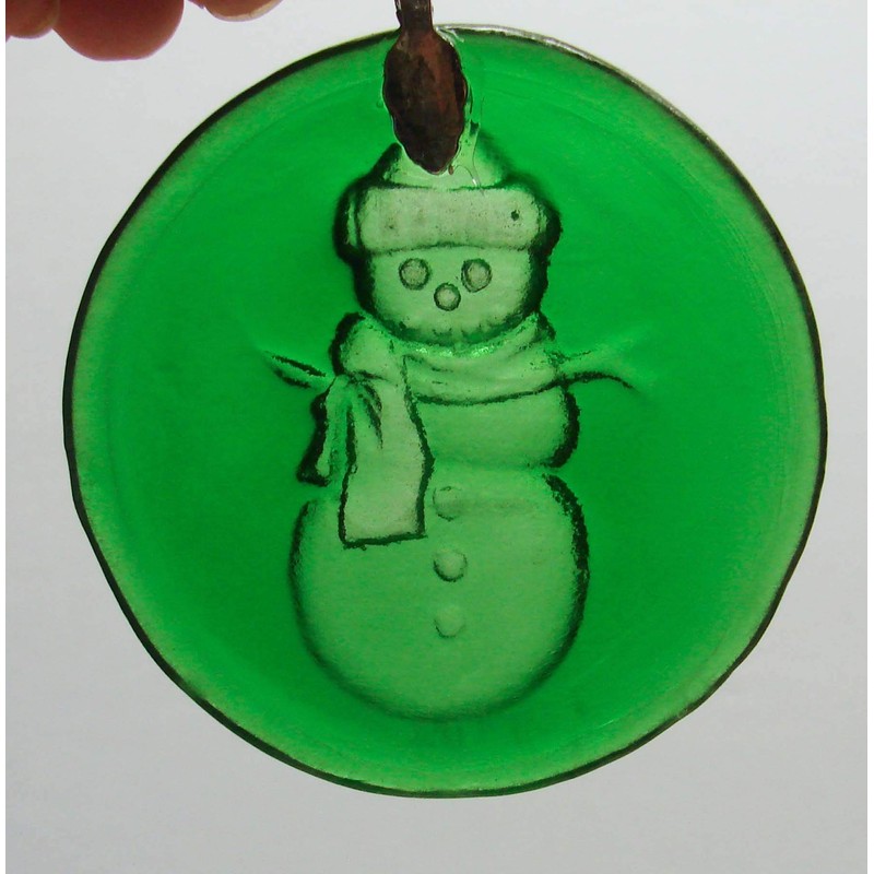 Green Snowman Handmade Up-Cycled Glass Bottle Bottom Sun Catcher Ornament