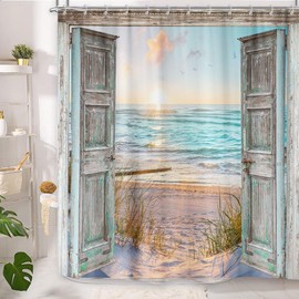 Boho Beach Coastal Shower Curtain, Teal Ocean Sunrise Seaside Seascape Nautical Beachy Shower Curtain Set, Rustic Barn Door Seashore Fabric Shower Curtain for Bathroom 12 Hooks, 72"×78" Turquoise