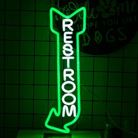 Restroom Neon Sign for Wall Decor Toilet Neon Light Arrow Led Neon Lights White Green Led Neon Signs for Hotel Bar Hospital Mall Store Office Decoration(16.9”*6.3”)