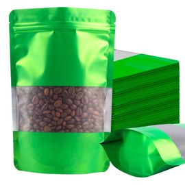 100 Pack Smell Proof Bags, Resealable Green Mylar Bags with Matte Window, Foil Pouch Stand Up Sealable Bags for Packaging, 5.9 × 8.66 Inch