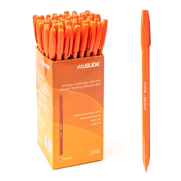 Eziglide Ballpoint Orange Pen, Pack of 50 Ballpoint Pens, Smooth