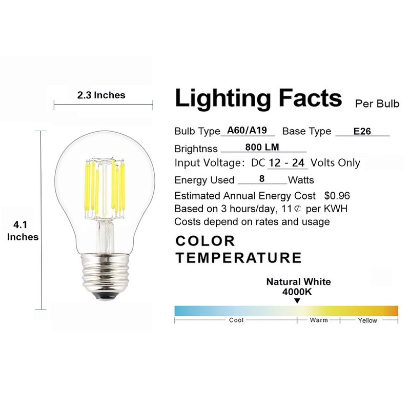 OPALRAY A19/A60 DC 12V-24V Input LED Bulb, 8W 800Lm, 4000K