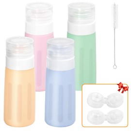 4 Pack Travel Bottles for Toiletries, 3 Oz Travel Size Containers for Liquids, Silicone Squeeze Bottles Set with Extra 2 Lids+Brush, Condiment Squeeze Bottles for Sauces Ketchup Salad Dressing Picnic
