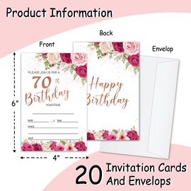 oayGnay 70th Birthday Party Invites Cards for Adults, 70 Years Old Birthday Invitations for Women Men, 20 Invitation Cards With Envelopes Floral Birthday Party Supplies -a03