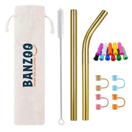 Reusable Stainless Steel Drinking Straws With Silicone Tips, Toppers, Cleaning Brushes & Travel Case Premium Quality 10.5" & 8.5" Straight and Bent Metal Straws Fit For 20, 24, 30 OZ Tumbler (Gold)