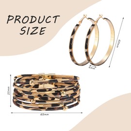 CQQNIU 1 Leopard Print Bracelet and 1 Pair of Leopard Print Earrings, Multi-Layered Bracelets, Leather Bracelets, Vintage Jewelry, Clothing Accessories