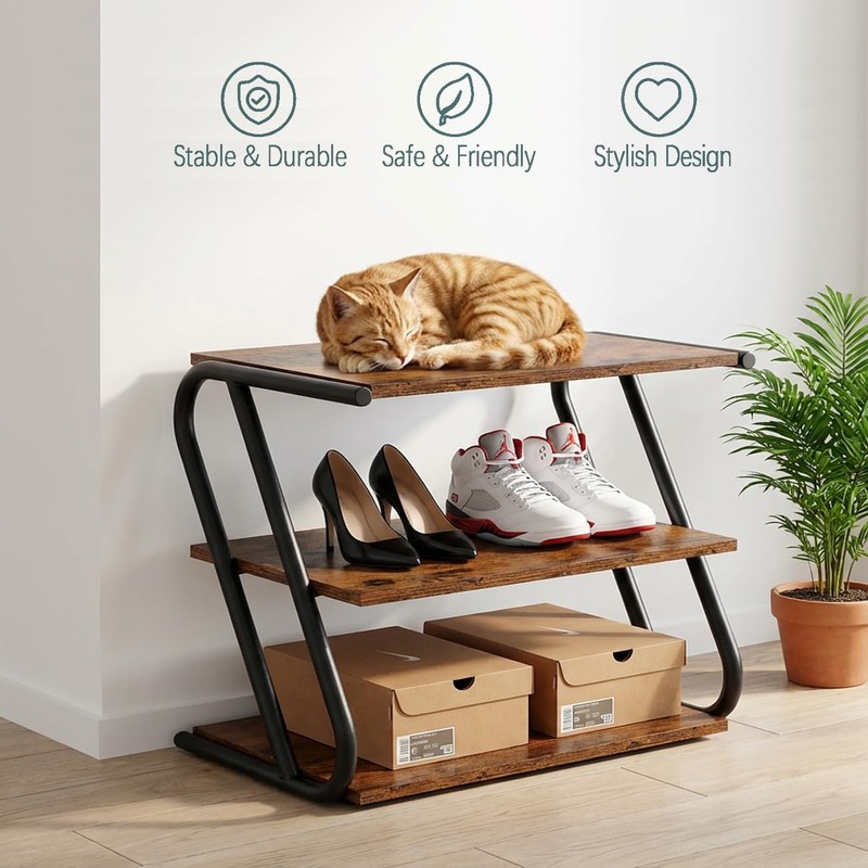 RUNJIMY 3-Tier Shoe Rack, Rustic Wood Look Shoe Organizer with