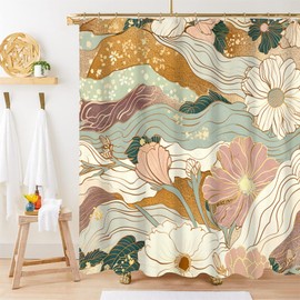 Ruelvth Floral Shower Curtain, Abstract Gold and Blue Wave Aesthetic Shower Curtain Set for Bathroom Waterproof Pink Flower Bathroom Decor, 72x72 Inch