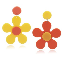 Vintage 60s 70s Big Flower Dangle Earrings Asymmetric Daisy Flower Earrings Boho Flower Earrings Colorful Floral Acrylic Daisy Flower Drop Earring for Women Costume Party (Yellow Flower)