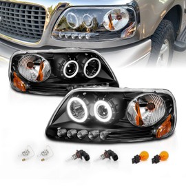 AmeriLite for 1997-2003 Ford F150 F-Series Expedition Black Projector Replacement Headlights Assembly Xtreme Bright LED Halos + Corner Lamps Set - Passenger and Driver Side