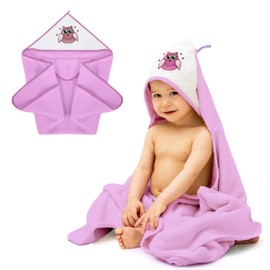 MEA BABY Towel with Hood, 100% Cotton, 100 x 100 cm, Hooded Towel for Girls and Boys, Soft and Super Absorbent Baby Towel with Hood, Pink with Owl Print