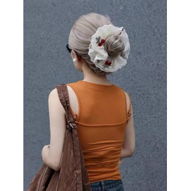 Cherry Embroidery Blossom Scrunchie, Exquisite Hand Embroidery Sparkle Satin Hair Ties Soft Hair-Friendly Snag-Free Scrunchies for Women Girl (4-layer lace)