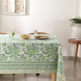 Labhanshi Indian Handblock Print Floral 100% Cotton Pre-Washed Rectangle Table Cloth|72x135 Inch 10-Seater Large Decorative Table Cover|Thanksgiving Valentine Day Festive Holiday Decor|Green Veins