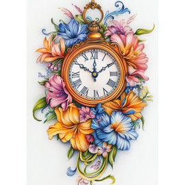 DOMROM Flowers Diamond Art Kits for Adults, 5D Clock Diamond Painting Kits for Beginners, Full Drill Diamond Art Diamond Gem Diamond Painting Kits Arts Craft for Home Wall Decor 12x16Inch