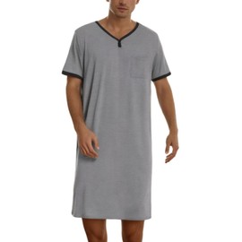 Men's Night Shirts for Sleeping Henley Neck Nightshirt Short Sleeve Big and Tall Loose Kaftan Night Shirts Sleepwear Grey