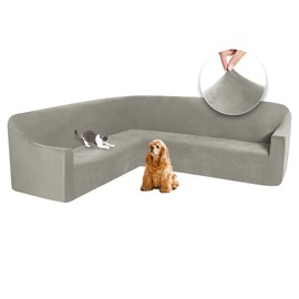 ALIECOM Velvet Stretch Sectional Couch Covers L Shape Corner Sofa Cover Washable Soft Thick U Shaped Sofa Slipcovers for Dogs Pets Magic Furniture Protector with Non Slip Foam (Khaki, X-Large)