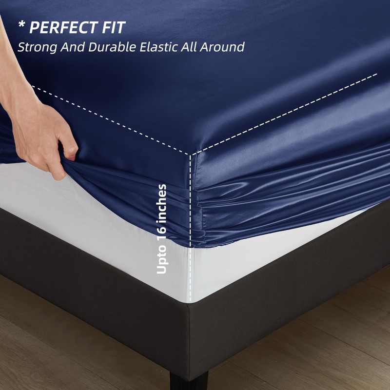 5Pc Silk Bedding Queen Set - Navy Blue Satin Sheets