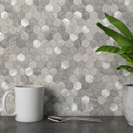 MOFIT Hexagon Peel and Stick Backsplash Tiles Kitchen,Self-Adhesive Metal and Marble Honeycomb Peel and Stick Wall Tiles Sticker Mosaic Heat Resistant(Gray,5sheets)