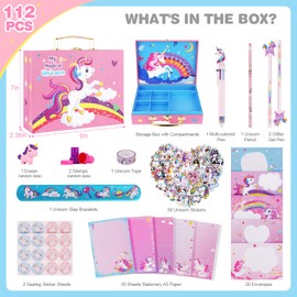 TCJJ 112 Piece Unicorn Stationery Set, Letter Writing and Craft Set with Pretty Unicorn Suitcase for Girls Aged 5-12 Years, Writing Sets for Girls, Gift for Birthday and Christmas