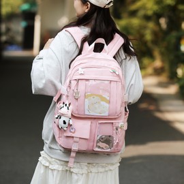 HORHEAR Kawaii Backpack for School, Cute Backpack with Kawaii Accessories Cartoon Brooch Pins and Stuffed Animal Pendant (Style 2 - Pink)