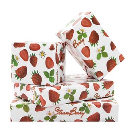 Strawberry Wrapping Paper for Girls Kids Boys, Cute Flowers Sweet Strawberries Fruity Design Happy Birthday White Gift Wrap for Holiday, Wedding, Baby Shower, Mother's Day, Party and Any Occasions