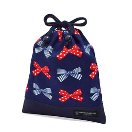 COLORFUL CANDY STYLE N7005500 Lunch Bag, Girls, Drawstring Bag, Medium, Elementary School Students, Stylish, Cute, Kids, French Ribbon with Polka Dots and Stripes (Navy)