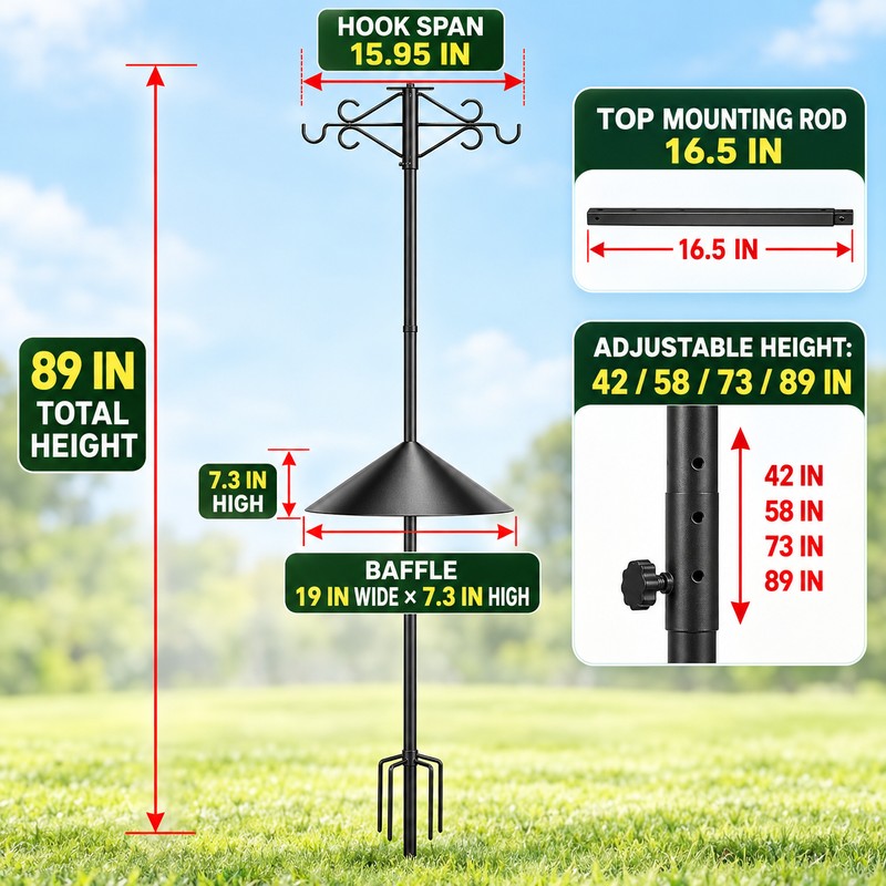89 Inch Bird Feeder Pole with Squirrel Baffle, Multi-Hook Hanger,