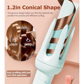 Auto Hair Curler, Automatic Curling Iron with 4 Temperature & 3 Timer, Automatic Shut-Off, Anti-Scald, Anti-Tangle Rotating Curling Wand for Hair Styling, Blue
