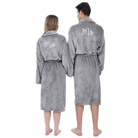 Jecery 2 Pcs His and Hers Robes for Couples Mr and Mrs Bathrobes Flannel Embroidered Matching Robes Wedding Engagement Gifts(Gray)