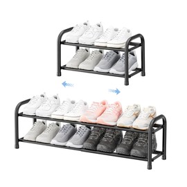 ENJOYBASICS Expandable Shoe Rack, 2 Tier Adjustable Shoe Organizer Shelf for Closet, Black Metal Free Standing Shoe Rack Storage for Small Space, Entryway