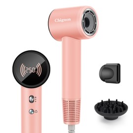 Chignon Ionic Hair Dryer with Diffuser - 110,000 RPM Brushless Motor, Smart Temperature Display & Magnetic Attachments, Low Noise 110V for Fast Professional Styling (Pink)