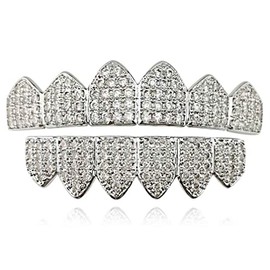 OOCC Diamond Grills Shiny Hip Hop Teeth Grillz Caps Iced Out CZ Top and Bottom Vampire Fangs Grillz for Men and Women - for photo video shoots, clubbing