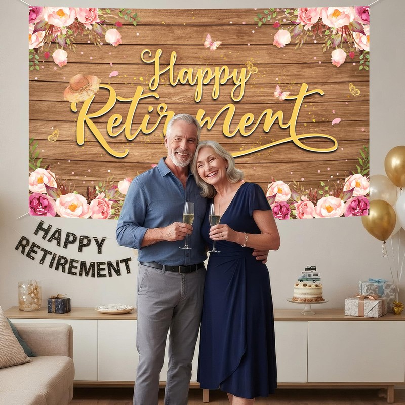 Rustic Floral Retirement Banner Party Decorations For Women 5.9x3.6ft