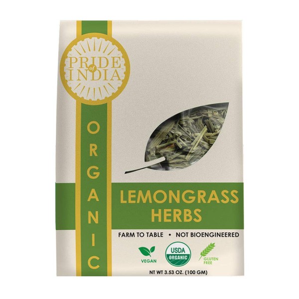 Pride Of India - Organic Dry Indian Lemongrass Herb, 3.53oz (100gm) Full Leaf - Certified and Authentic Indian Herb - Perfect for Cooking, Soups, Salads, Marinades 50+ Servings