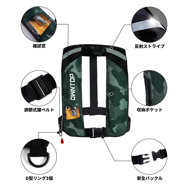 Owntop Life Jacket Self Inflating Shoulder Vest with Pockets (Black