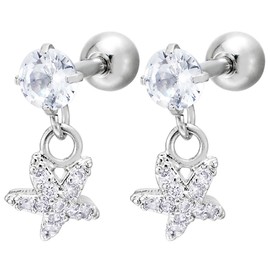 Women's Stainless Steel Solitaire Cubic Zirconia Stud Earrings Dangle with Zirconia Star Screw Back 1 Pair, Stainless Steel, Cubic Zirconia