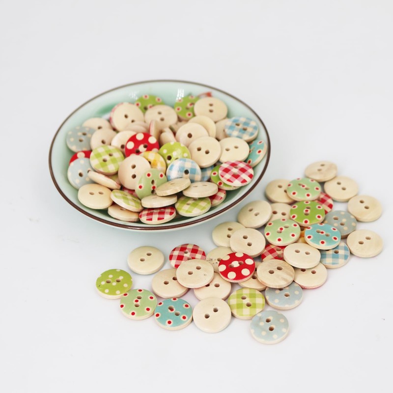 15mm Wooden Buttons100 Pcs Plaid Dot Assorted Patterns 2 Hole