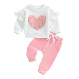 Kavousa Toddler Baby Girl Clothes Heart Ruffles Long Sleeve Sweatshirt Sweatpants Set Infant Fall Winter Outfits (A Pink, 0-6 Months)