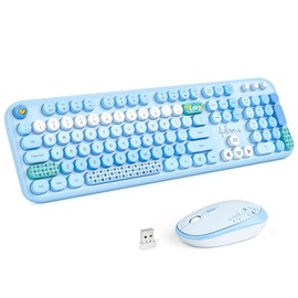 MOFII Wireless Keyboard and Mouse Combo, Full Size 2.4G Plug and Play Typewriter Retro Round Computer Keyboard and Mouse Set for Windows, Computer, Desktop, PC, Notebook - (Blue Colorful)