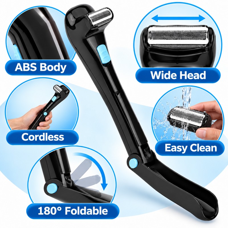 Electric Back Shaver for Men, Foldable Long Handle Body Groomer,