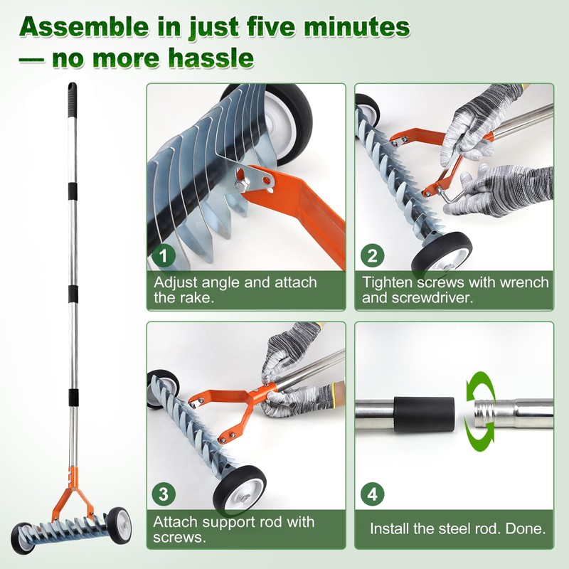 Wheeled Dethatching Rake for Lawn - 15" Heavy Duty Stainless