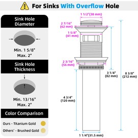 Angle Simple Sink Drain Stopper, Brass Bathroom Sink Stopper Replacement, Pop Up Drain with Overflow Hole, Deep Titanium Gold